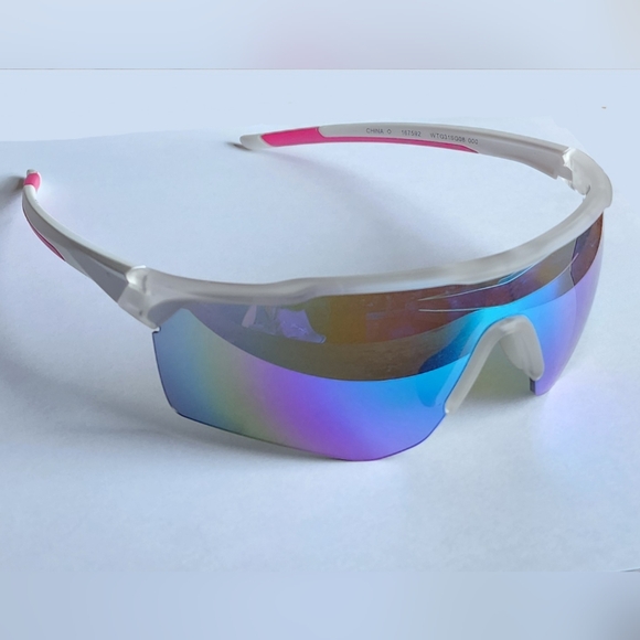 White and Pink Sports Sunglasses with Rainbow Lens - Picture 1 of 3
